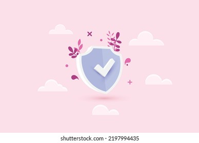 Purple security shield with a white thick icon on the pink sky with clouds. Protection conceptual illustration. Vector illustration.