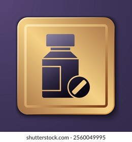 Purple Sedative pills icon isolated on purple background. Gold square button. Vector