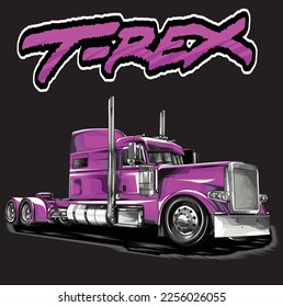 purple semi Truck with yellow stripes, isolated on black background for business elements, screen printing, digital printing, DTG, DTF and poster