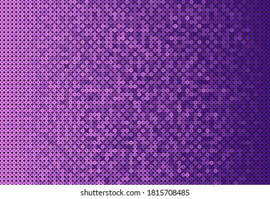 Purple sequins, glitters, sparkles, paillettes, mosaic background template. Abstract luxury halftone vector creative backdrop. Glitter rounds gradient trendy. Vibrant purple shiny dots glitter texture