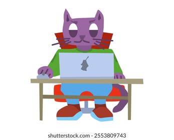 purple serious cat sits at computer on chair. stock vector graphics image