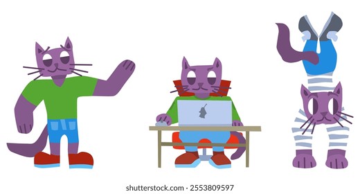 purple serious cats selection small characters. stock vector graphics image