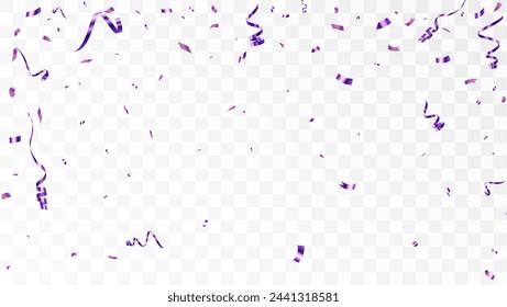 Purple serpentine, bright festive candies. Falling shiny purple confetti. Bright festive tinsel. Holiday design elements for web banner, poster, flyer, invitation. Vector