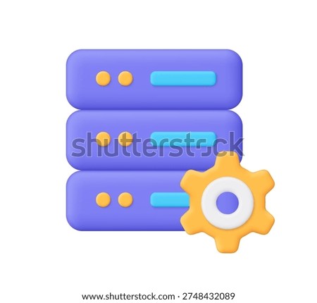 Purple server with yellow gear. Technology, cloud computing, hosting, devops, system settings, configuration, data management and IT concept. 3d vector icon. Cartoon minimal style.