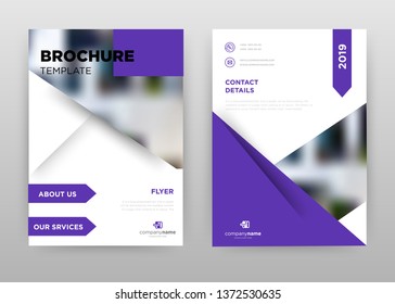 Purple Service business annual report brochure flyer design. Multipurpose abstract brochure template, include cover and back pages. Geometry triangle 2019 flyer leaflet vector design. Vertical A4 size