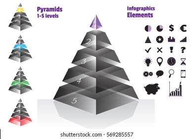 Purple set of isometry symmetrical pyramid charts, diagram 5 levels with glass texture. Elements infographics. Vector