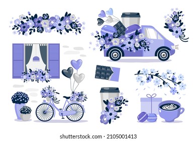 Purple set with a truck, flowers, balloons, bicycle, coffee cup. Vector clipart.
