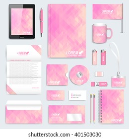 Purple set of vector corporate identity template. Modern stationery mock-up. Background with dark blue triangles. Business, science, medicine and technology design.