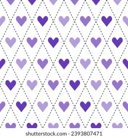 Purple shade argyle pattern with heart inside. Argyle vector pattern. Argyle pattern. Seamless geometric pattern for clothing, wrapping paper, backdrop, background, gift card, sweater.