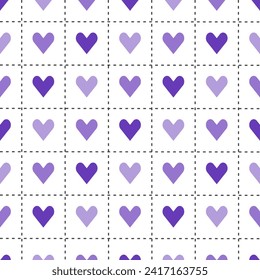 Purple shade in stitch line pattern with heart inside. Argyle vector pattern. Argyle pattern. Seamless geometric pattern for clothing, wrapping paper, backdrop, background, gift card, sweater.