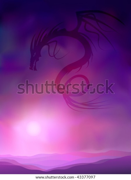 Purple Shadow Dragon Silhouette Evening Sky Stock Vector Royalty