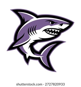 Purple shark head with sharp teeth and fins aggressive cartoon illustration icon