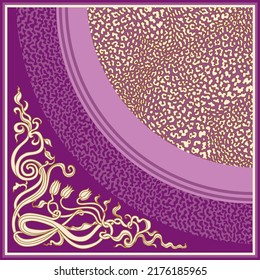 Purple shawl with Art Nouveau floral corner decor, leopard skin pattern. Scarf, bandana print, pocket square range, handkerchief, carpet 