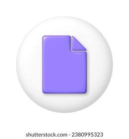 Purple sheet of paper, document icon on white round button. 3d cartoon design element. Vector illustration.