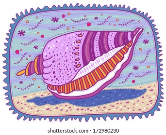 Purple shell lying on the sand on the seashore