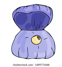 A purple shell with a pearl isolated and drawn by hand. Vector element for design on a marine theme.