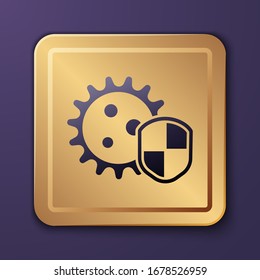 Escudo púrpura protegiendo del virus, gérmenes y bacterias icono aislado en el fondo púrpura.Concepto de sistema inmunológico. Virus Corona 2019-nCoV. Botón Gold Square. Ilustración vectorial