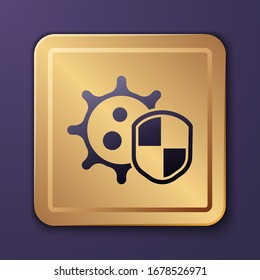 Escudo púrpura protegiendo del virus, gérmenes y bacterias icono aislado en el fondo púrpura.Concepto de sistema inmunológico. Virus Corona 2019-nCoV. Botón Gold Square. Ilustración vectorial