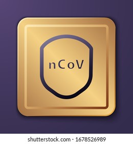 Purple Shield protecting from virus, germs and bacteria icon isolated on purple background. Immune system concept. Corona virus 2019-nCoV. Gold square button. Vector Illustration