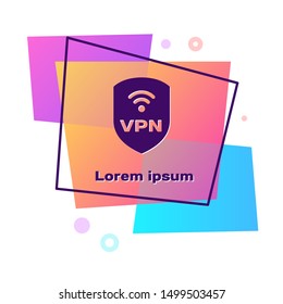 Purple Shield with VPN and wifi wireless internet network symbol icon isolated on white background. VPN protect safety concept. Color rectangle button. Vector Illustration
