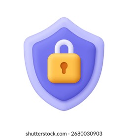 Lila Schild mit gelbem Vorhängeschloss. Sicherheit, Schutz, Datenschutz, Cybersicherheit, Verschlüsselung und Internet-Sicherheitskonzept. 3D-Vektorsymbol. Cartoon minimalen Stil.