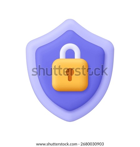 Purple shield with a yellow padlock. Security, protection, data privacy, cybersecurity, encryption and internet safety concept. 3d vector icon. Cartoon minimal style.