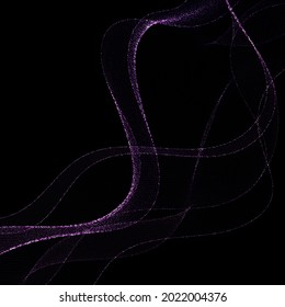 Purple shimmery particles in the wave pattern. Wave on a black background. Design element