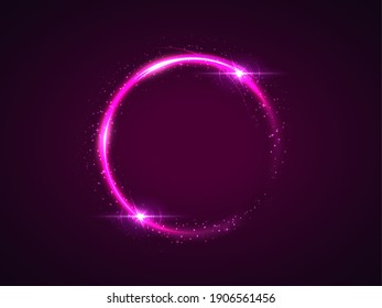 Purple shining circle frame illustration. Glowing round border with copyspace on violet background. Glittering ring, circular geometric shape with sparkling effect. Isolated design element