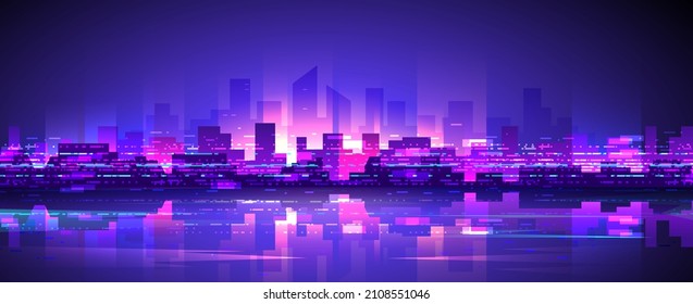 Purple shining cyberpunk metropolis in retro style on dark background. Widescreen futuristic night city.