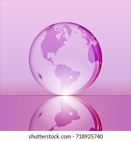 Purple shining transparent earth globe with South and North America continents laying on glass surface and reflecting in it. Bright and shining design. Vector illustration.