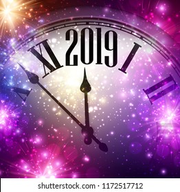 Purple shiny 2019 New Year background with clock and colorful lights. Vector illustration.
