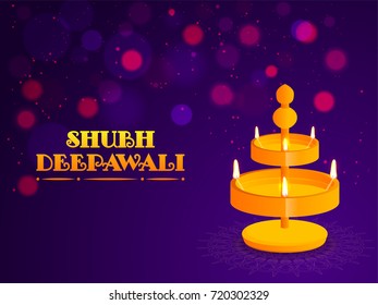 Purple shiny background with bokeh effect and illuminated Oil Lamp stand for Diwali celebration.