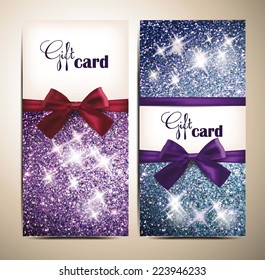 Purple shiny gift cards with silk ribbons