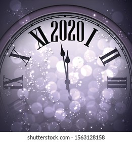 Purple shiny Happy New Year 2020 card with clock and lights. Bokeh effect. Vector background.