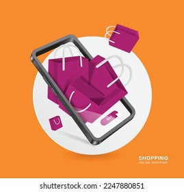 purple shopping bag and buy icon display on smartphone screen and all place on white circle,vector 3d isolated on white background for advertising design,delivery and online shopping concept design 