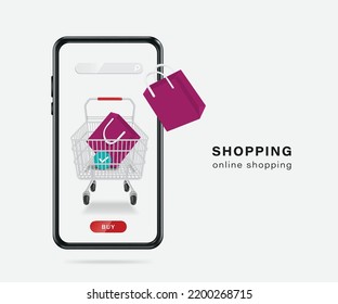 Purple shopping bag is placed in shopping cart and order confirmation icon is placed next to it and all on the smartphone screen,vector 3d isolated for delivery and online shopping concept design