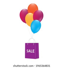 Purple shopping bags with sale messages tied with multi-colored balloons floating in the air for shopping concept design