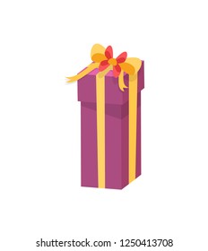 Purple shopping box decorated by yellow silk tape and topped by bow, vector Christmas surprise in package isolated on white. Wrapped gift in cardboard