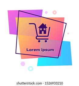 Purple Shopping cart with house icon isolated on white background. Buy house concept. Home loan concept, rent, buying a property. Color rectangle button. Vector Illustration