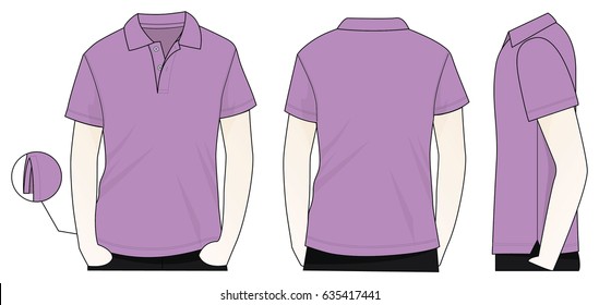 Purple short sleeve polo shirt with side vents hem template on white background. Front, back and side view, vector file