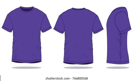 Purple Short Sleeve T-Shirt Template on White Background. Front, Back, and Side Views, Vector File.