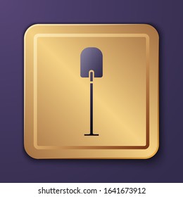Purple Shovel icon isolated on purple background. Gardening tool. Tool for horticulture, agriculture, farming. Gold square button. Vector Illustration
