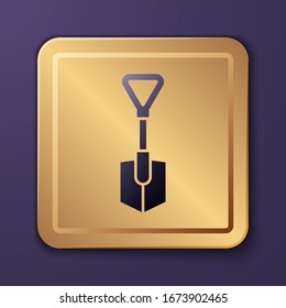 Purple Shovel icon isolated on purple background. Gardening tool. Tool for horticulture, agriculture, farming. Gold square button. Vector Illustration