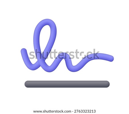 Purple signature with underline. Signing documents, approval, agreement, personal identity, legal validation, digital signature and contract concept. 3d vector icon. Cartoon minimal style.