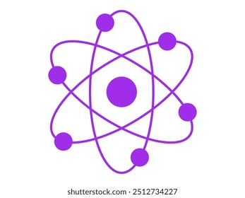 Purple silhouette of an atom with orbiting electrons isolated on a white background. Concept of science, physics, atomic structure, minimalism. Icon, symbol, design element.