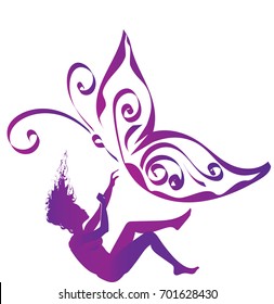 Purple silhouette of a  falling woman with purple butterfly, symbol of fibromyalgia, chronic pain and chronic fatigue syndrome, broken dreams