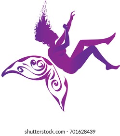 Purple  silhouette of a falling woman with purple butterfly wings - symbol of fibromyalgia, chronic pain and chronic fatigue syndrome, broken dreams