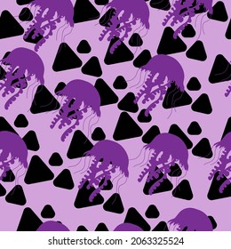 Purple silhouette of jellyfish with black triangles seamless pattern, bright silhouettes of underwater animals on a light purple background vector illustration