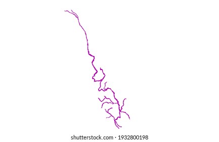 Purple silhouette of a map of the Mekong river in asia on a white background