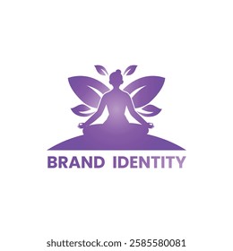 Purple silhouette of a meditating figure with leaf-like wings, symbolizing wellness, balance, and holistic harmony. Perfect for yoga or mindfulness brands.